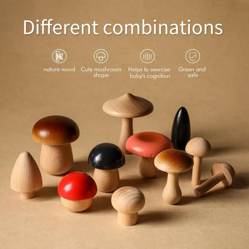 11Pcs Woode Mushroom Blocks for Children Montessori Educational Wooden Toys Safety Kitchen Utensils Toys Baby Grasp Matching Toy