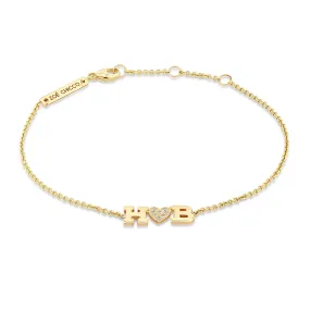 14k 2 Initial Letter with Pavé Diamond Heart Bracelet