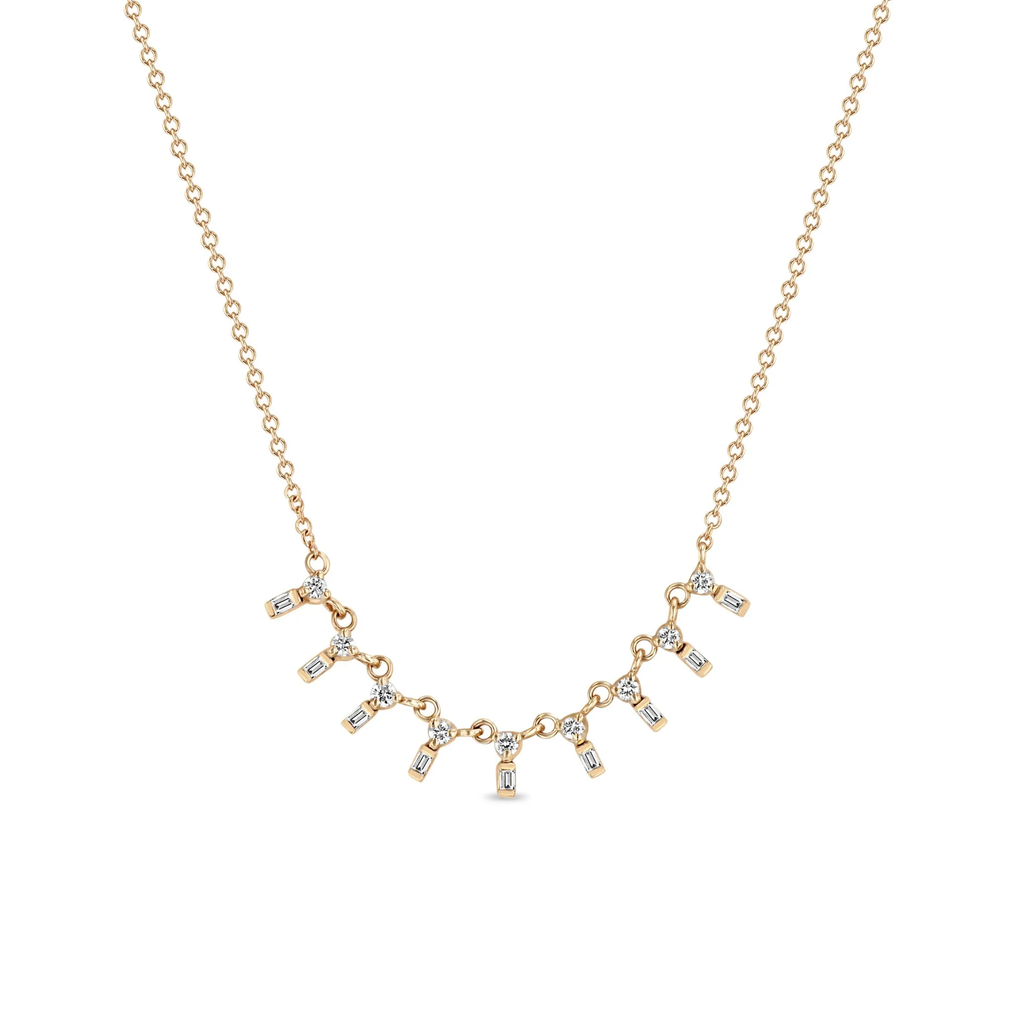 14k 9 Stacked Round & Baguette Diamond Necklace