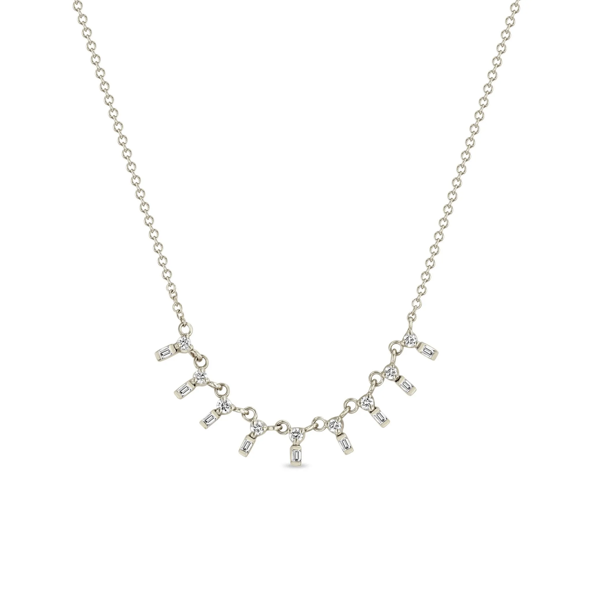 14k 9 Stacked Round & Baguette Diamond Necklace