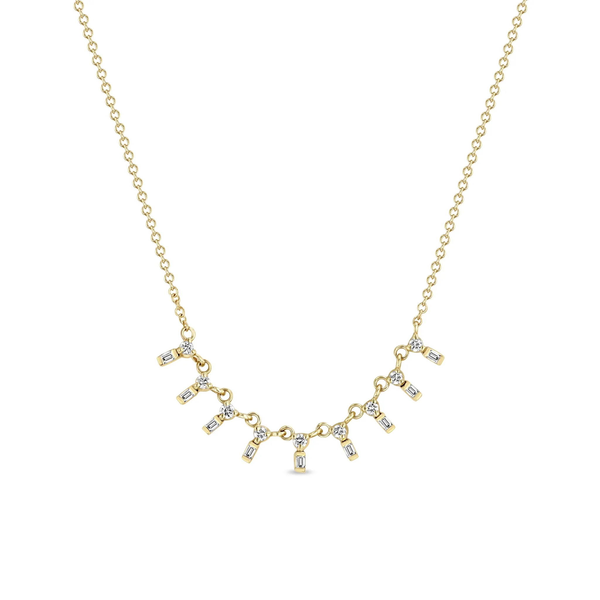 14k 9 Stacked Round & Baguette Diamond Necklace