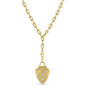 14k Diamond Mosaic Brushed Gold Shield Adjustable Chain Necklace