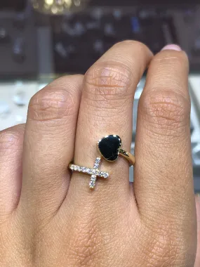 14K Gold Heart and Diamond Cross Ring