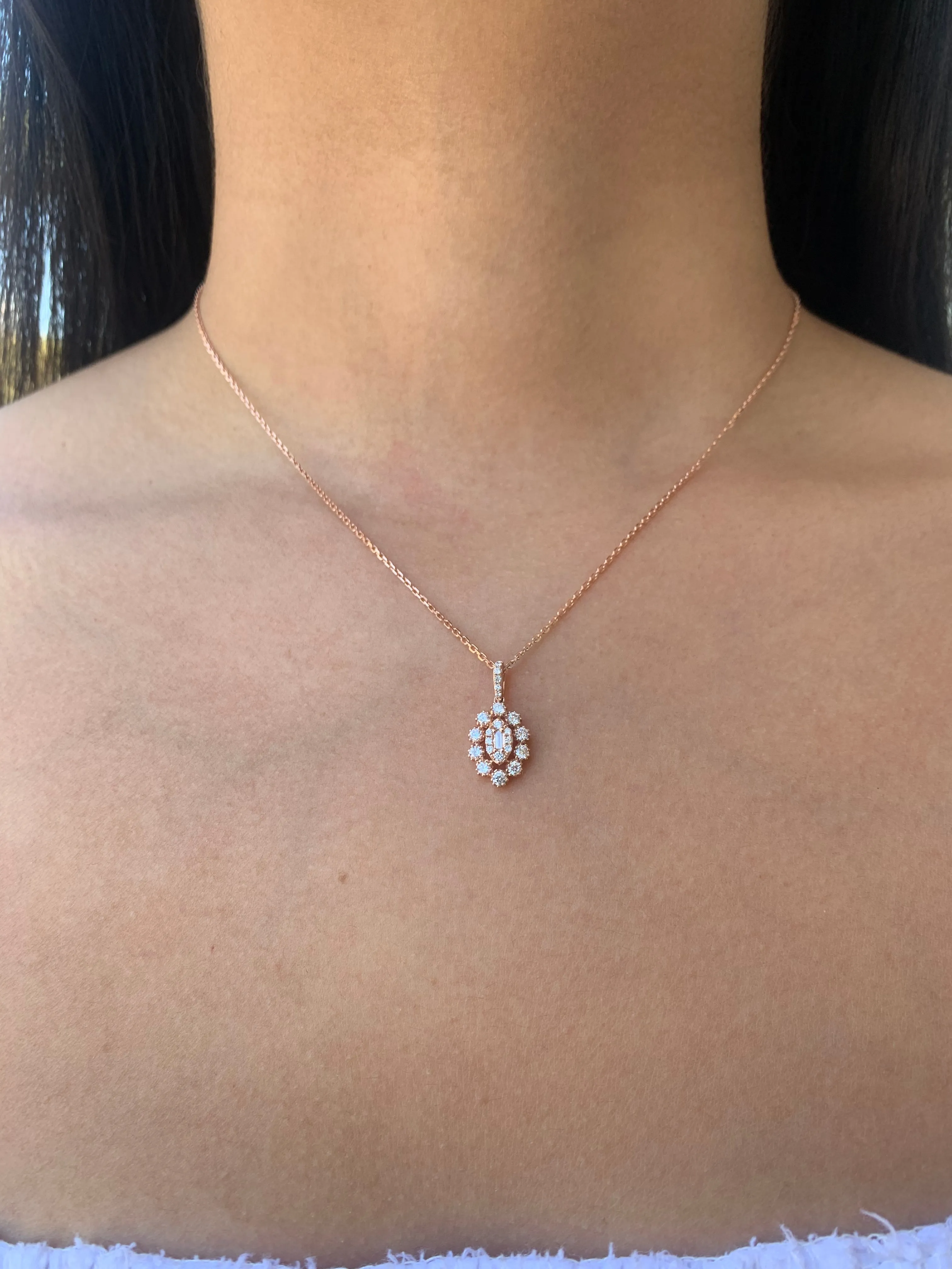 14k Gold Marquise Round Halo Cluster Diamond Necklace