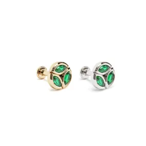 14K Gold Trio Marquise Emerald Circle Stud