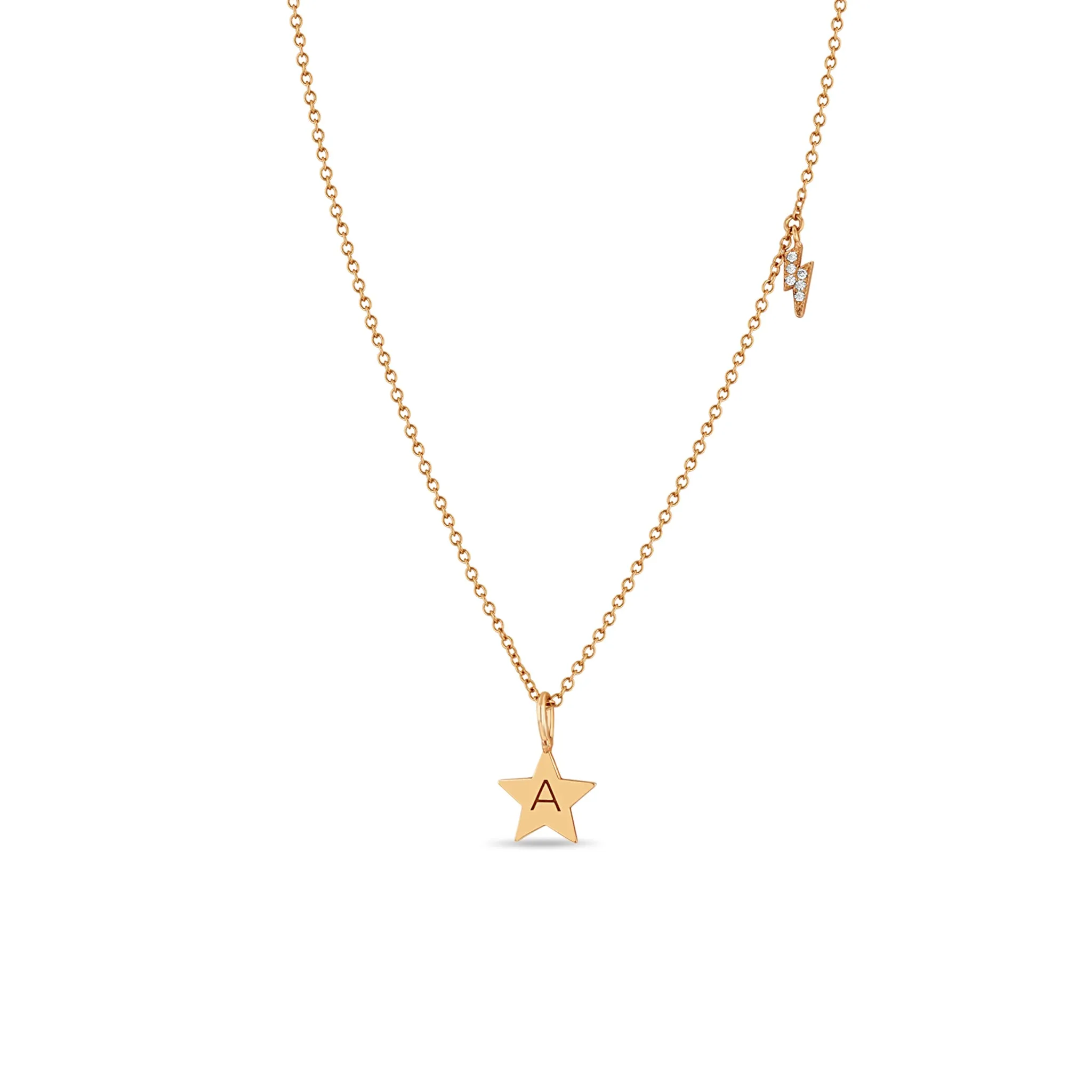 14k Initial Star & Pavé Diamond Lightning Bolt Charm Necklace