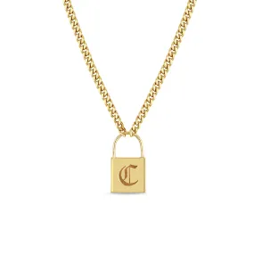 14k Large Engraved Initial Padlock Small Curb Chain Necklace