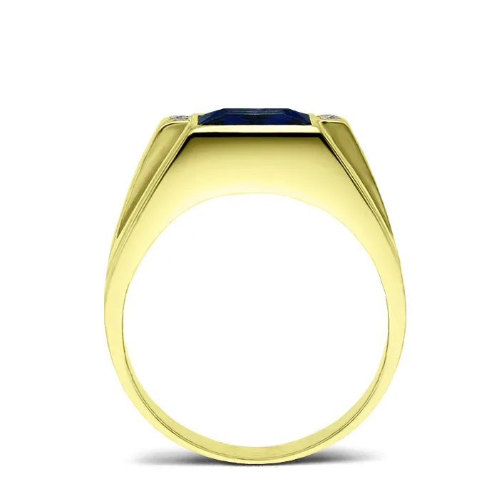 14K Real Gold Blue Sapphire Male Ring with 4 Natural Diamonds