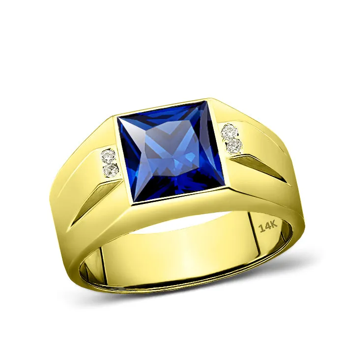 14K Real Gold Blue Sapphire Male Ring with 4 Natural Diamonds