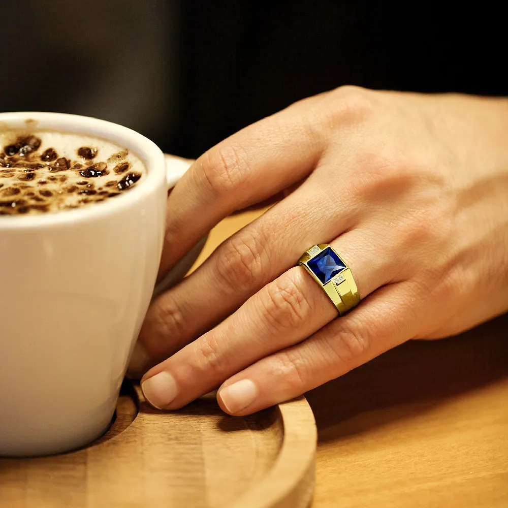 14K Real Gold Blue Sapphire Male Ring with 4 Natural Diamonds