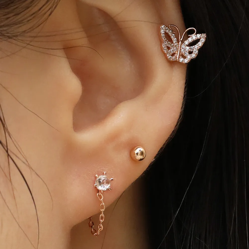 14K Solid Gold Cz Butterfly Cartilage Helix Conch Internally Threaded Flat Back Earring Labret