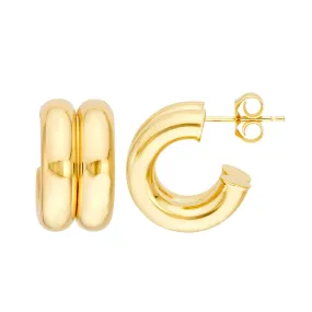 14K Yellow Gold 15mm Double Hoop Huggie Earrings