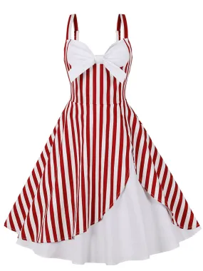 1950S Spaghetti Strap Pocket Dress With Red and White Vertical Stripe