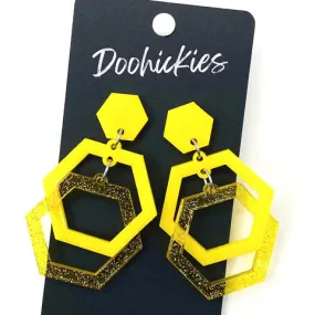 2 Jelly Glitter Hexi Ring Acrylic Earrings - Yellow