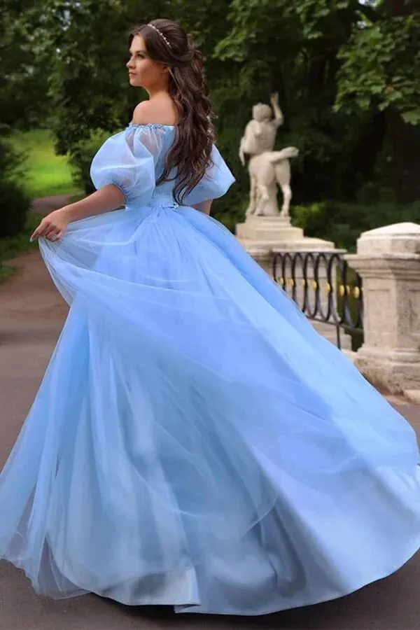 A-line Blue Tulle Princess Off-the-Shoulder Prom Dresses, Evening Dress,BD930811