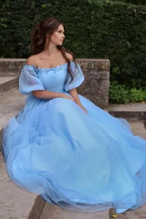 A-line Blue Tulle Princess Off-the-Shoulder Prom Dresses, Evening Dress,BD930811