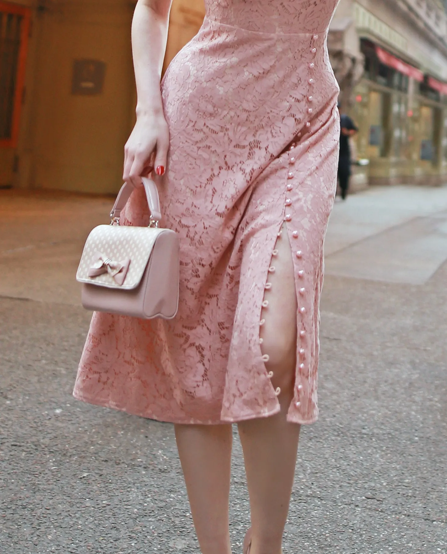 Abigail-3 -pink lace dress with pearl buttons