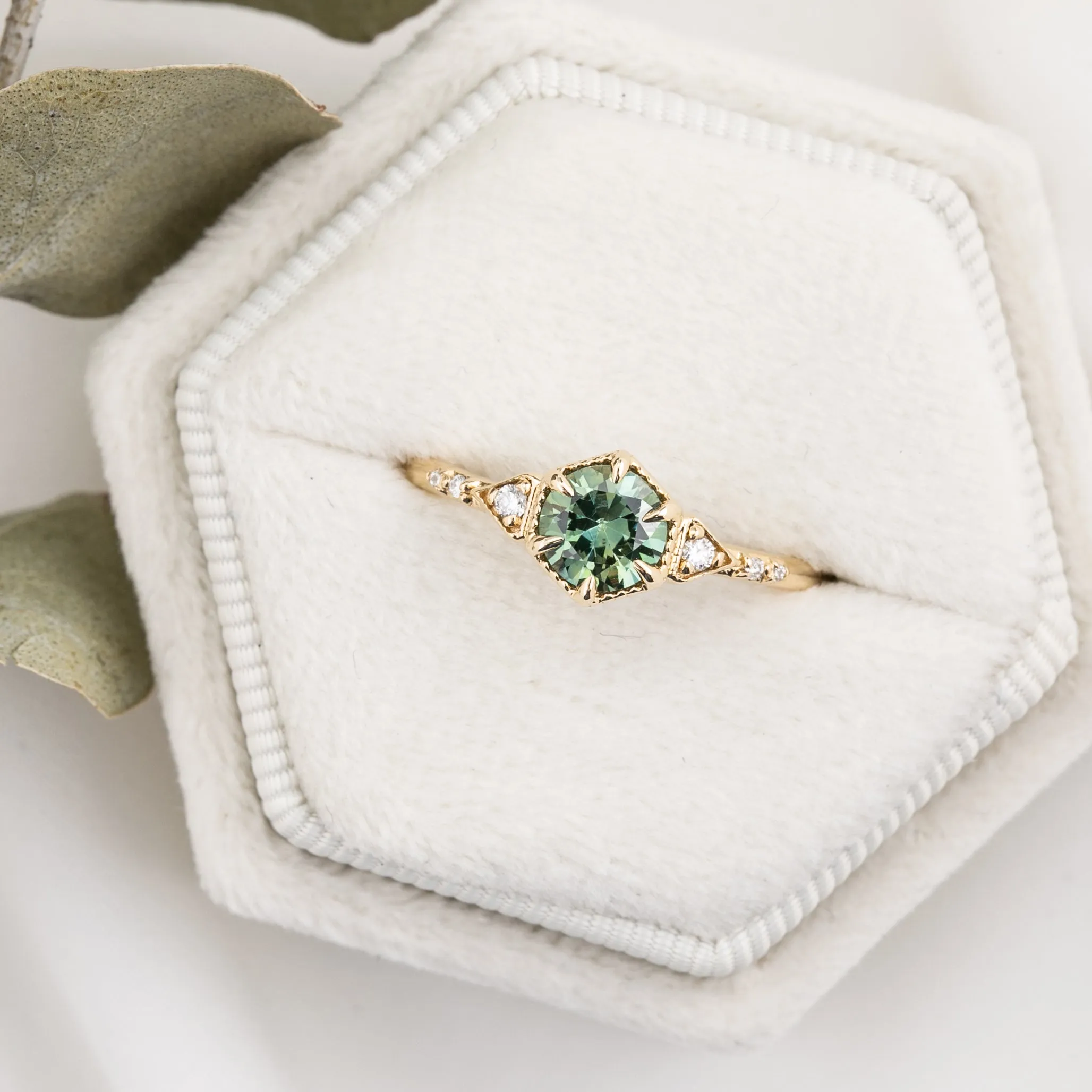 Agatha Ring 0.71ct Parti Light Blue Green Round Montana Sapphire, 14K Yellow Gold (One of a kind)