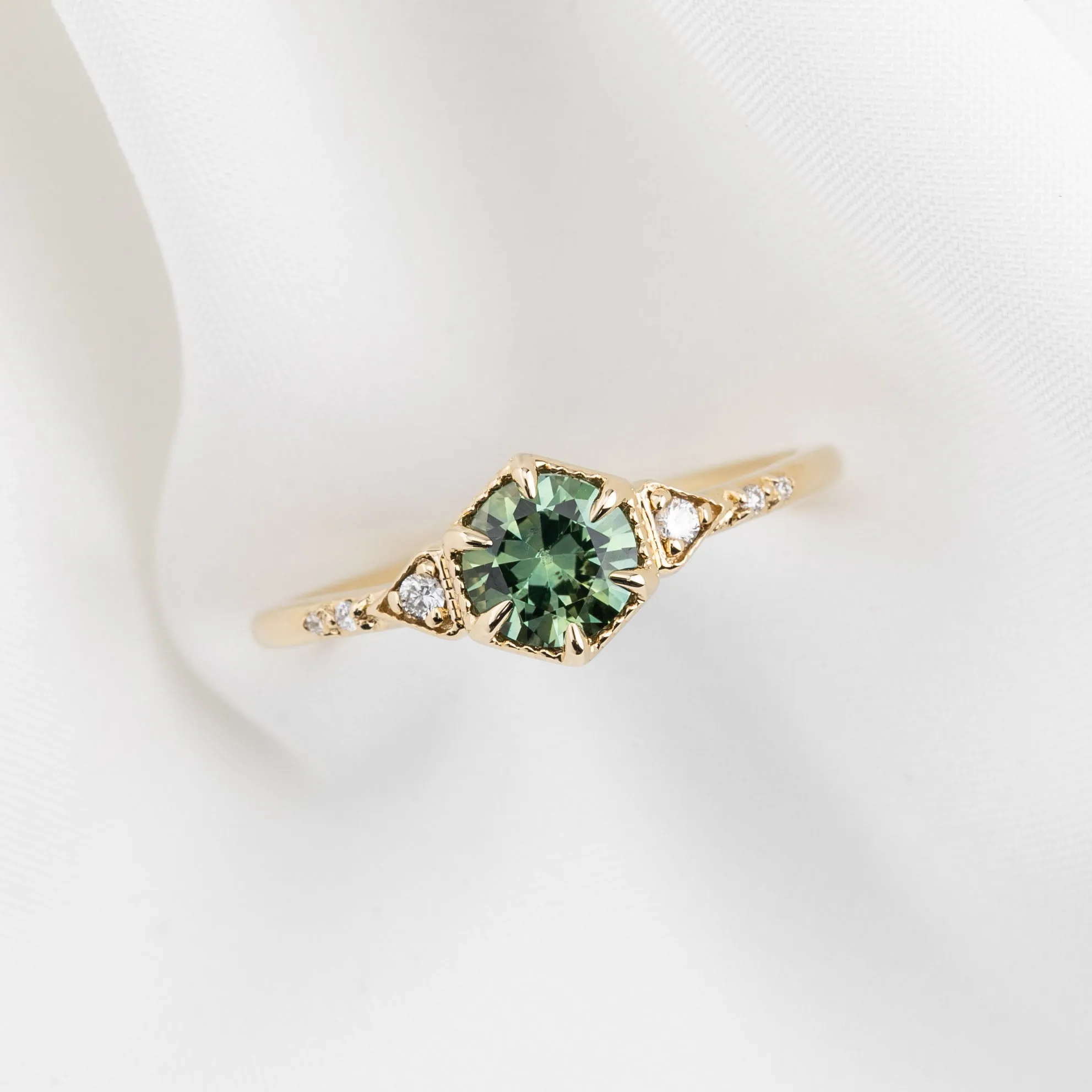 Agatha Ring 0.71ct Parti Light Blue Green Round Montana Sapphire, 14K Yellow Gold (One of a kind)