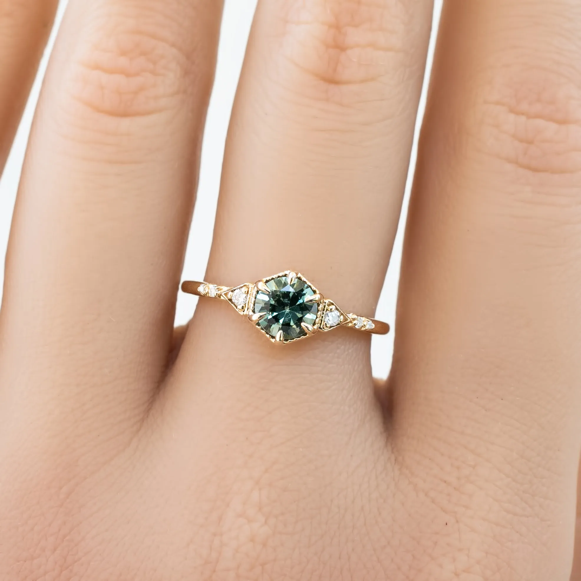 Agatha Ring 0.71ct Parti Light Blue Green Round Montana Sapphire, 14K Yellow Gold (One of a kind)