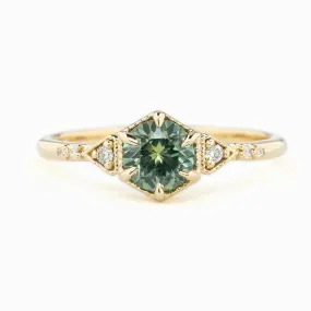 Agatha Ring 0.71ct Parti Light Blue Green Round Montana Sapphire, 14K Yellow Gold (One of a kind)