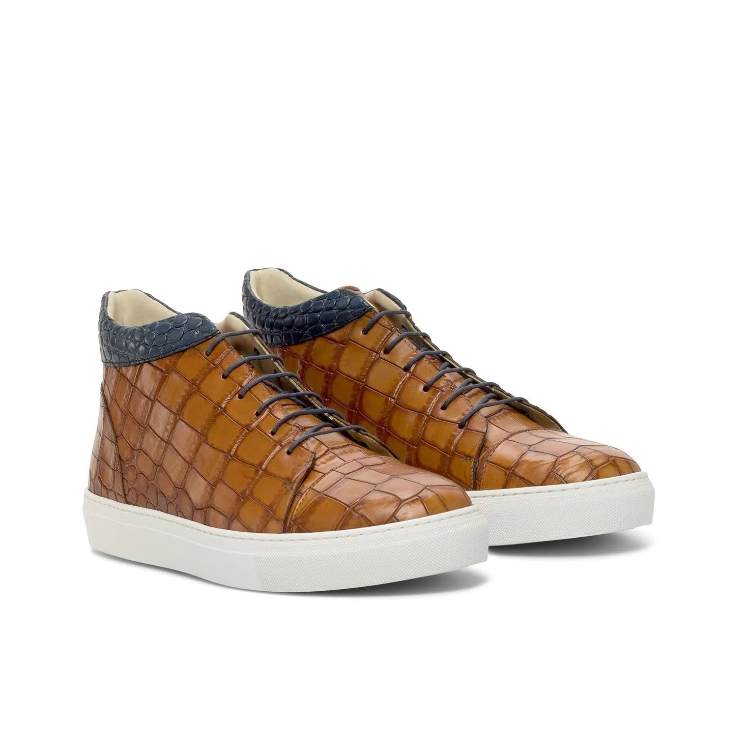 Ambrogio Bespoke Custom Men's Shoes Cognac & Navy Crocodile Print / Calf-Skin Leather High Top Sneakers (AMB2213)