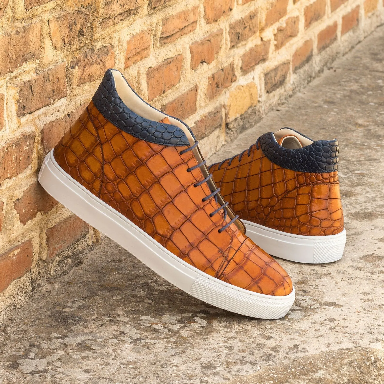 Ambrogio Bespoke Custom Men's Shoes Cognac & Navy Crocodile Print / Calf-Skin Leather High Top Sneakers (AMB2213)