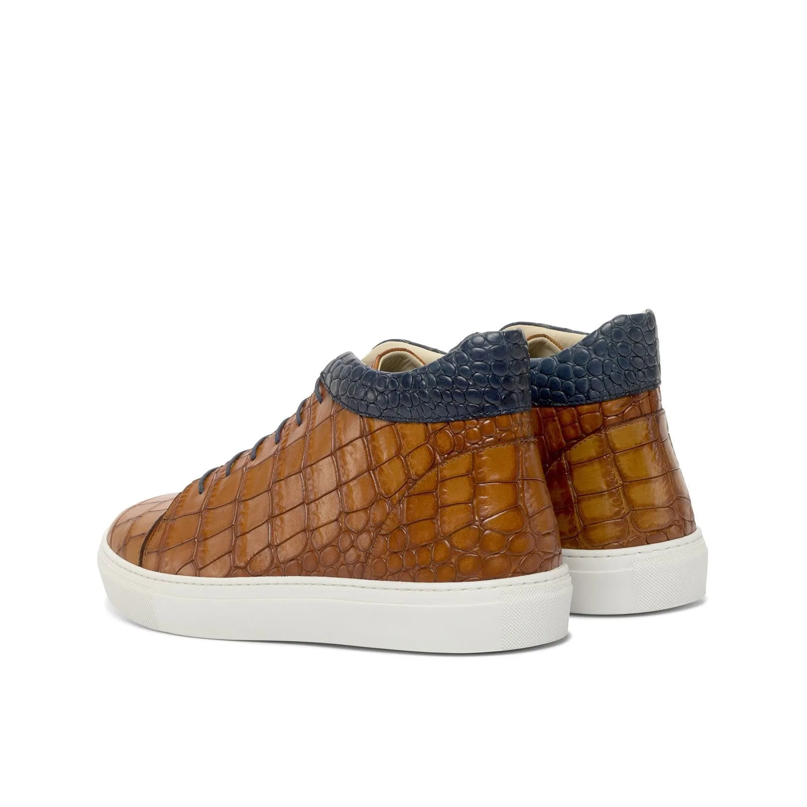 Ambrogio Bespoke Custom Men's Shoes Cognac & Navy Crocodile Print / Calf-Skin Leather High Top Sneakers (AMB2213)