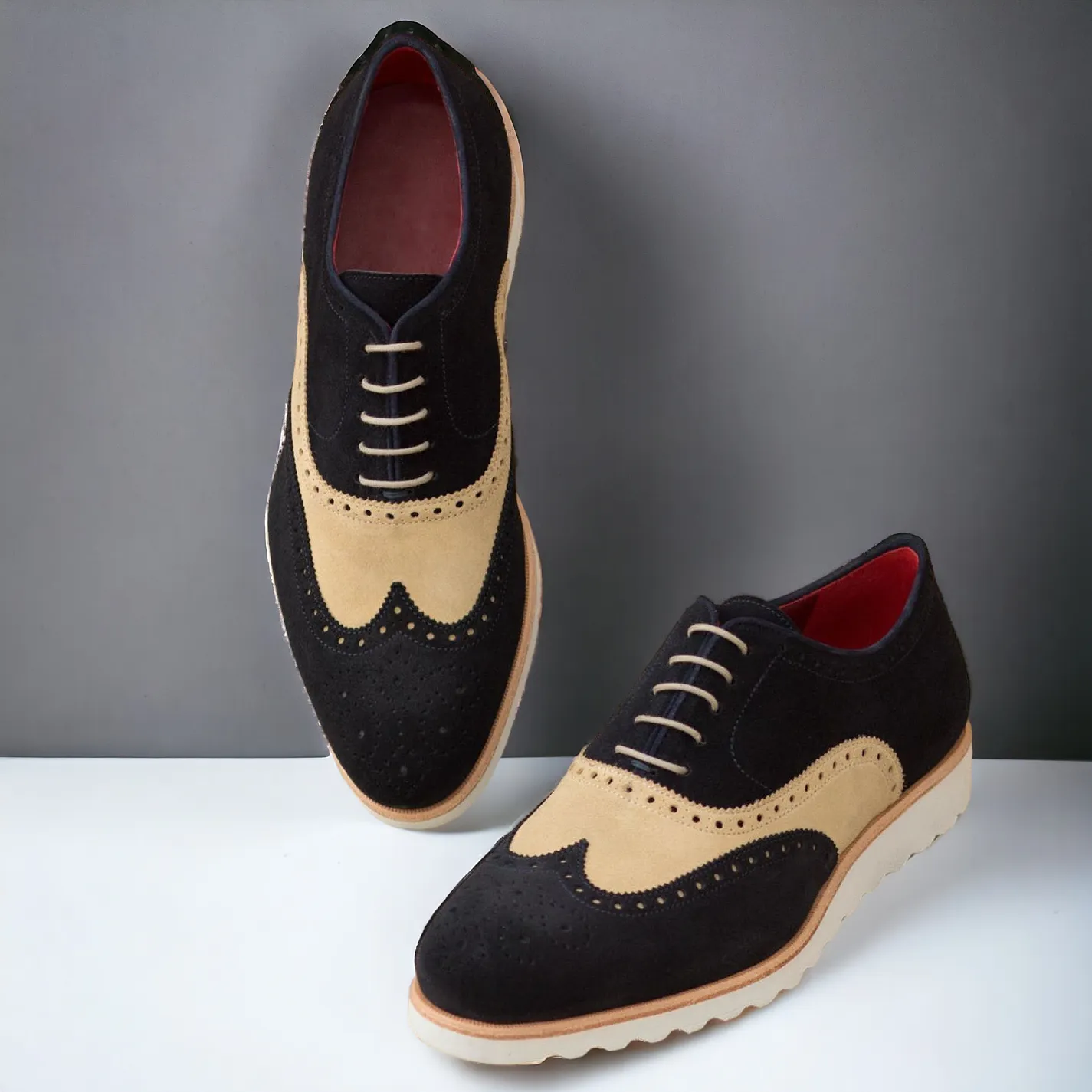 Ambrogio Bespoke Custom Men's Shoes Sand & Navy Suede Leather Full Brogue Oxfords (AMB2110)