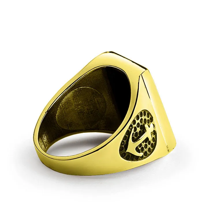 Anchor Ring in 10k Yellow Gold with Natural Black Onyx Stone, Nautical Signet Ring