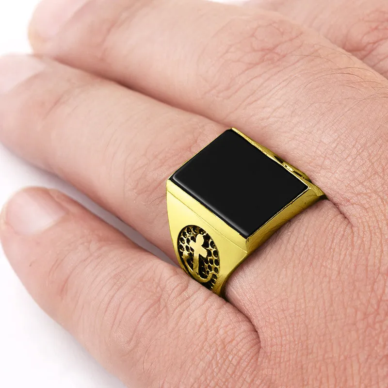 Anchor Ring in 10k Yellow Gold with Natural Black Onyx Stone, Nautical Signet Ring