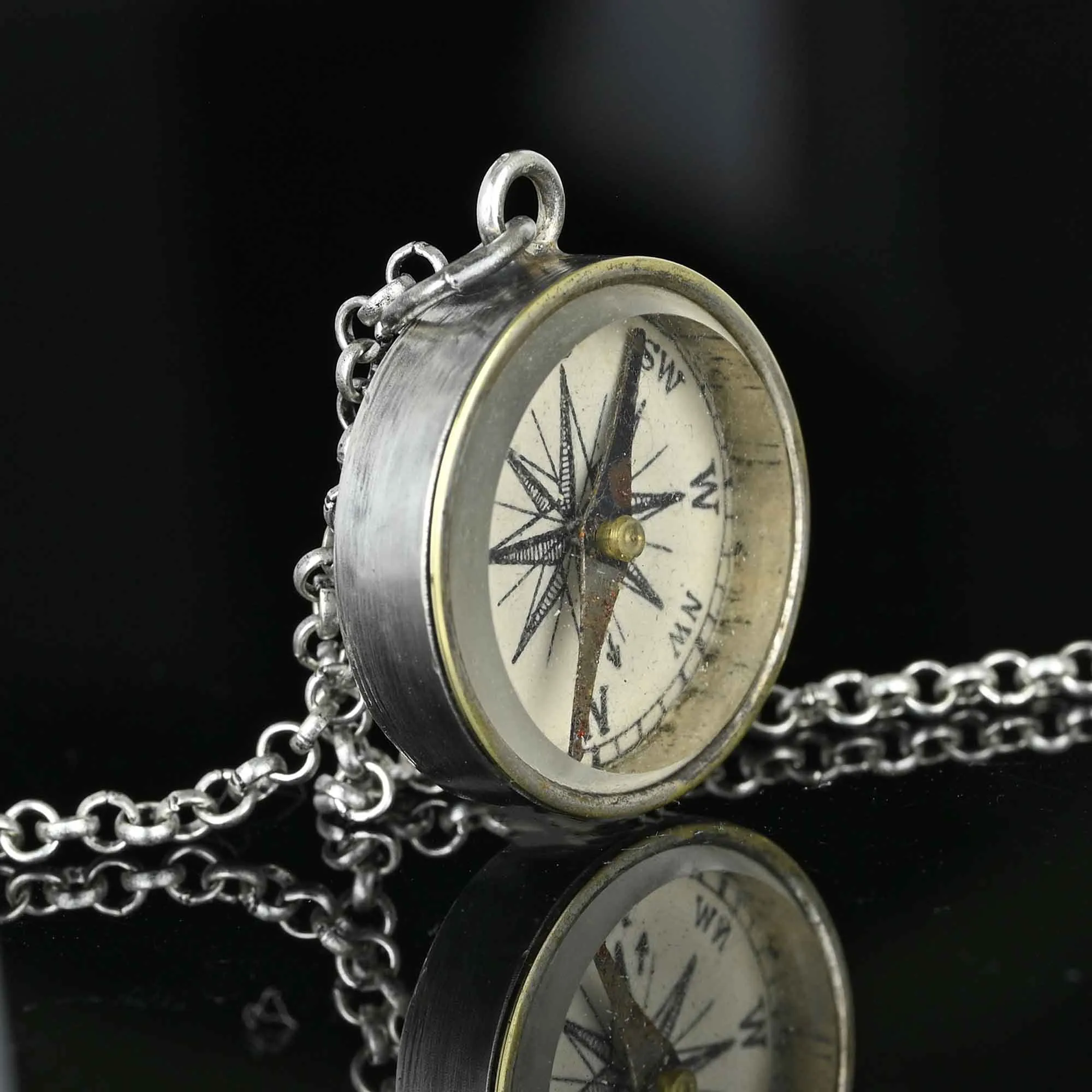 Antique Sterling Silver Working Compass Fob Pendant