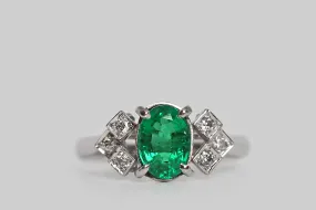 Art Deco Era Emerald & Diamond Engagement Ring with Geometric Epaulettes in Platinum