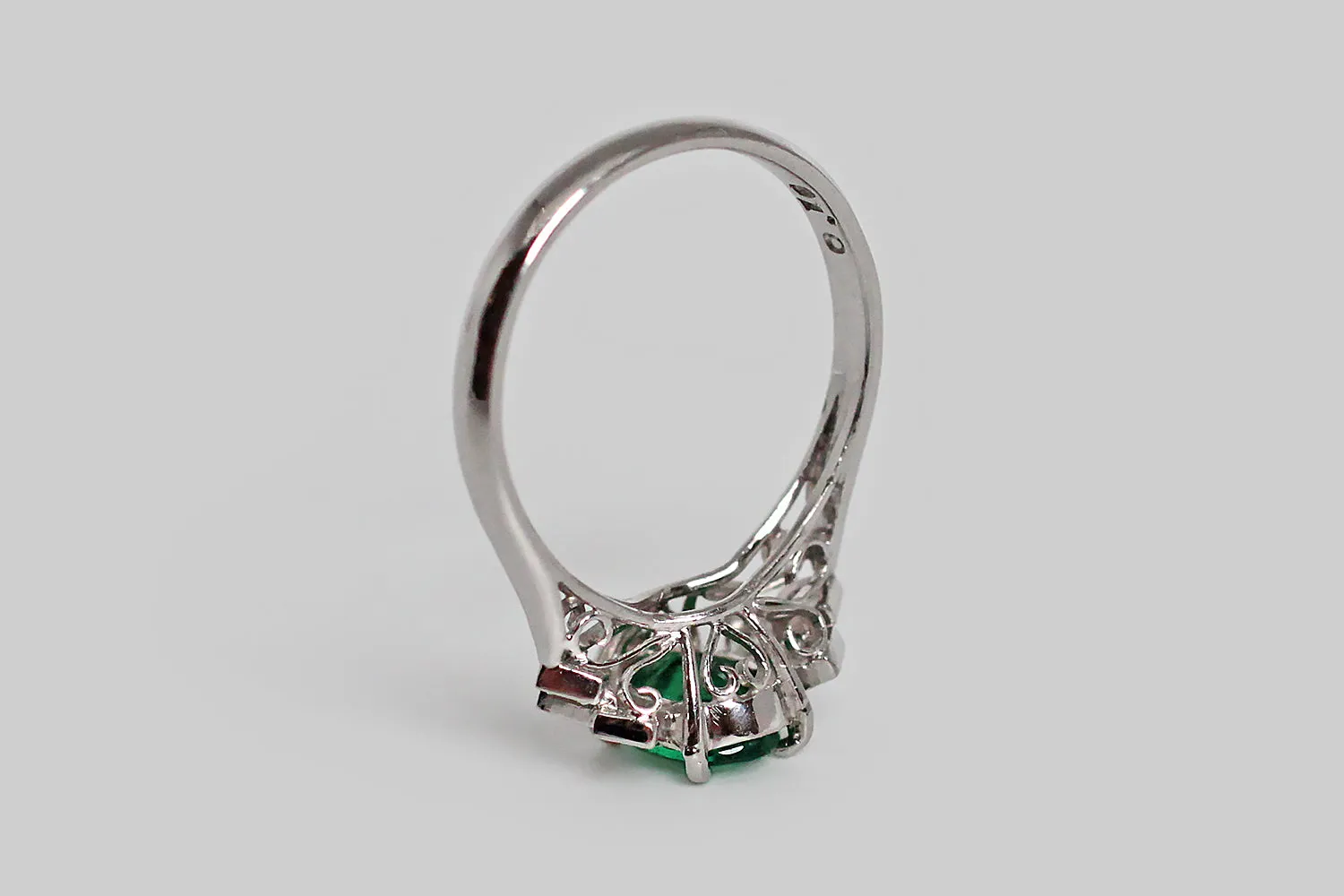 Art Deco Era Emerald & Diamond Engagement Ring with Geometric Epaulettes in Platinum