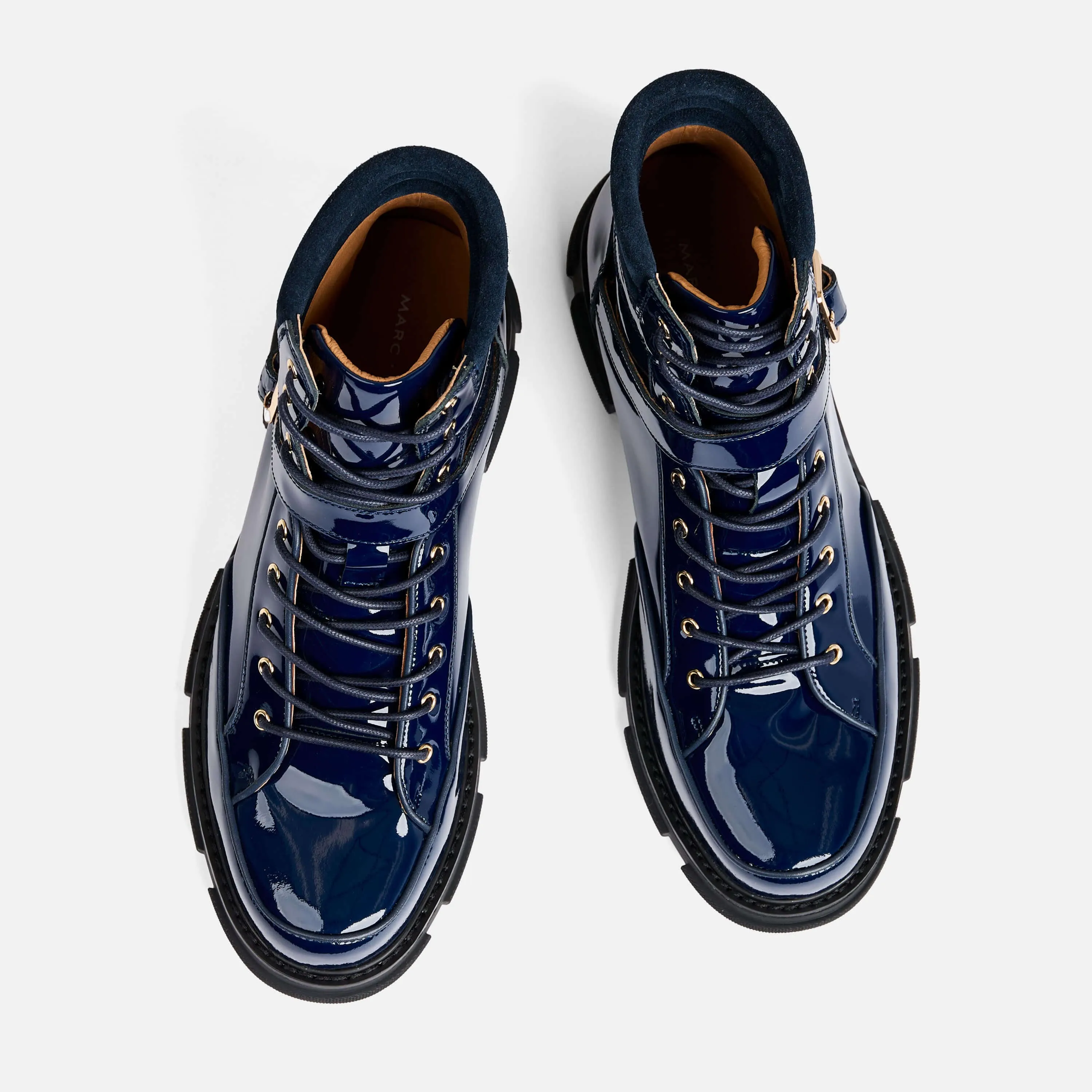 Atlas Navy Patent Leather Strap Boots