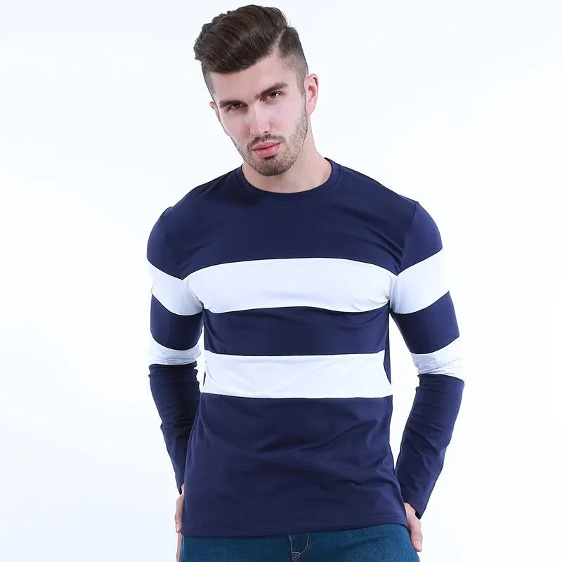 Autumn Winter Long Sleeve O Neck Striped Casual T-Shirt for Men