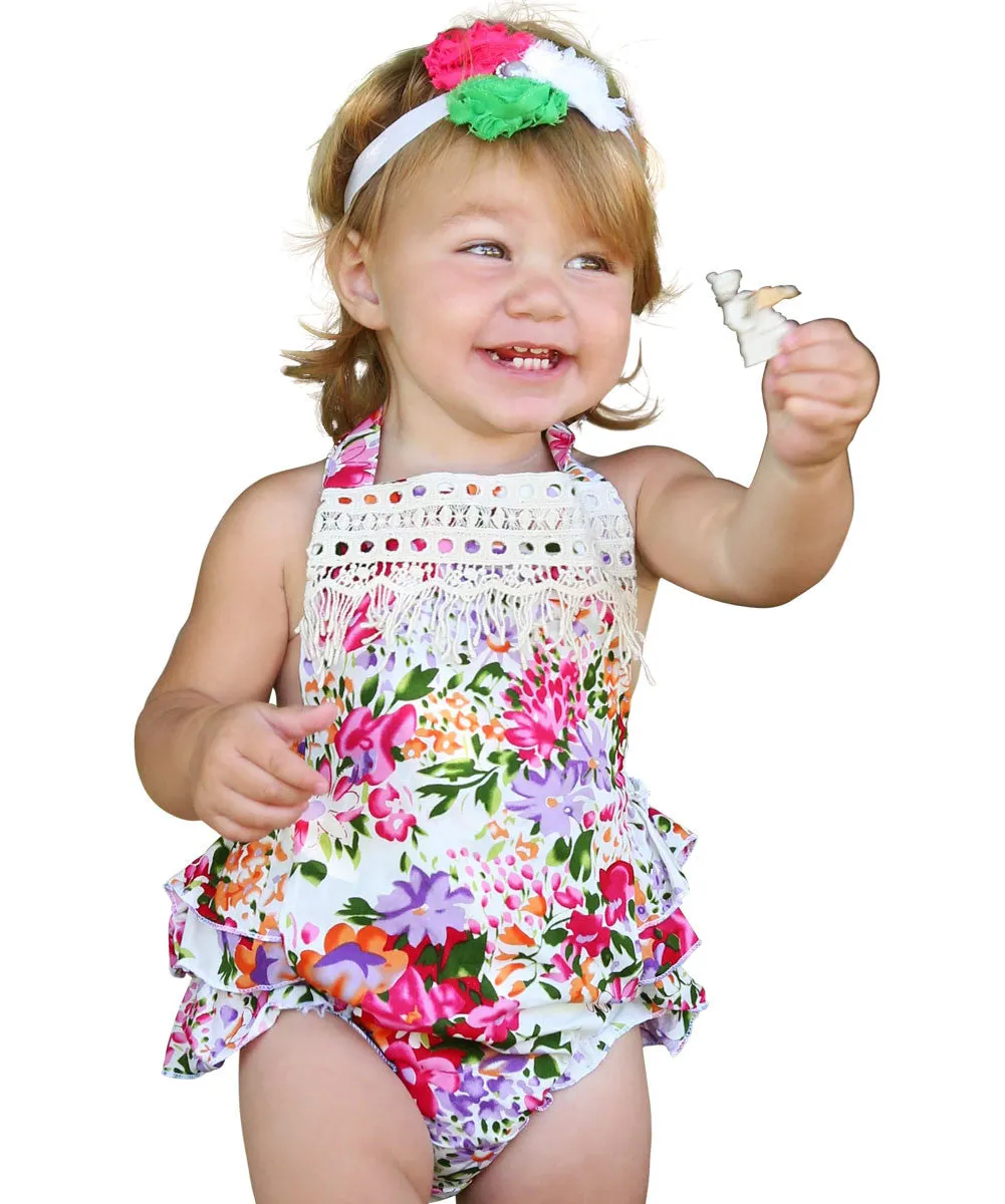 Baby Girls Bright Floral Vintage Romper With Lace Trim