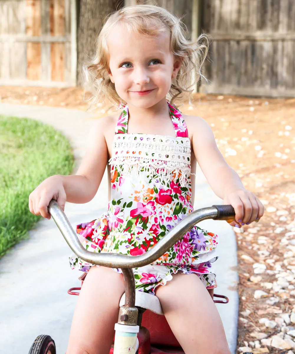 Baby Girls Bright Floral Vintage Romper With Lace Trim