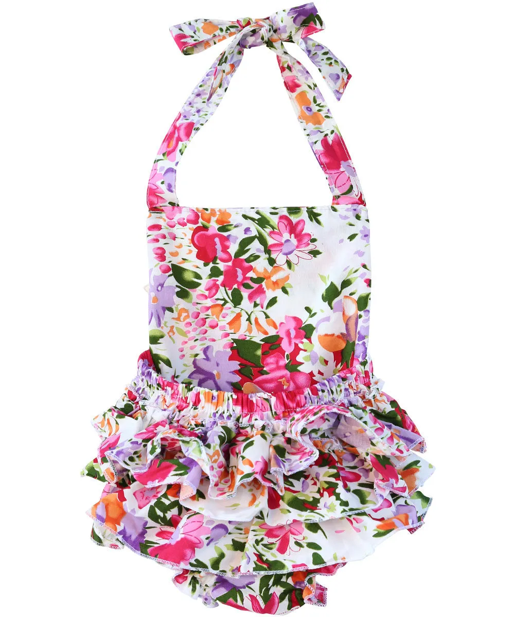 Baby Girls Bright Floral Vintage Romper With Lace Trim