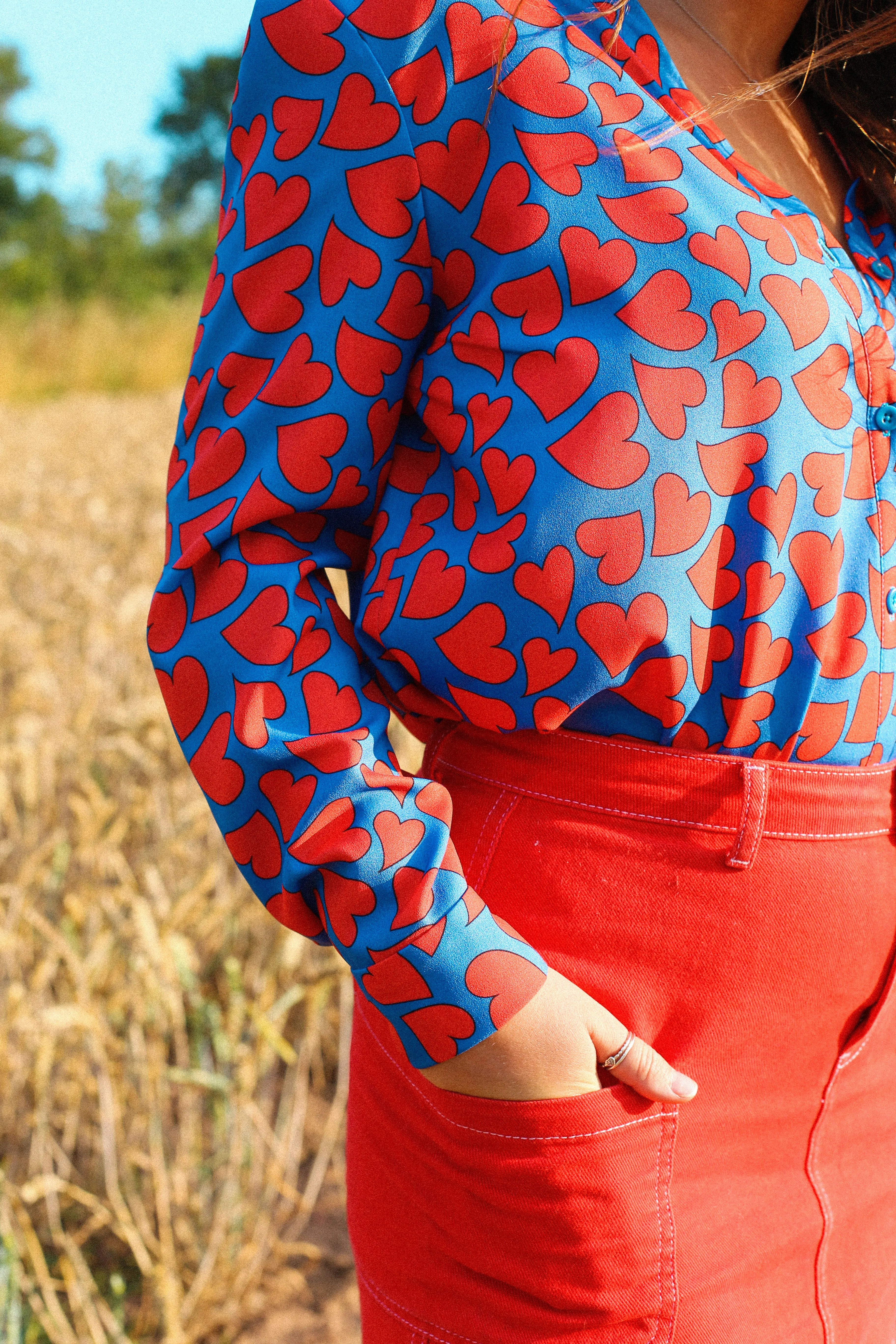 Band Collar Shirt in Heart Print