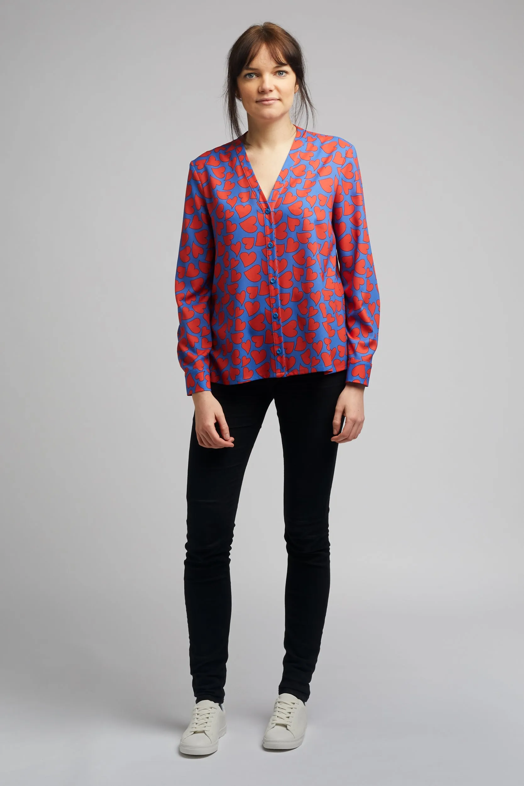 Band Collar Shirt in Heart Print