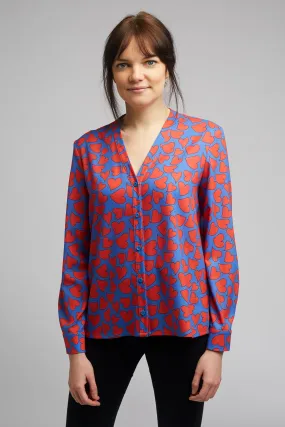 Band Collar Shirt in Heart Print