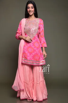 Bandhej Chinon silk Suit with Aari, Gota Patti, Pearl, Thread, Zardozi work.