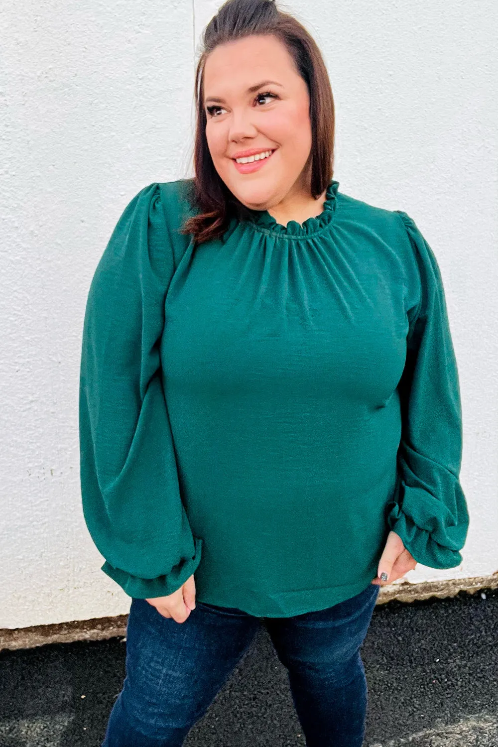 Be Merry Hunter Green Frill Mock Neck Crinkle Top