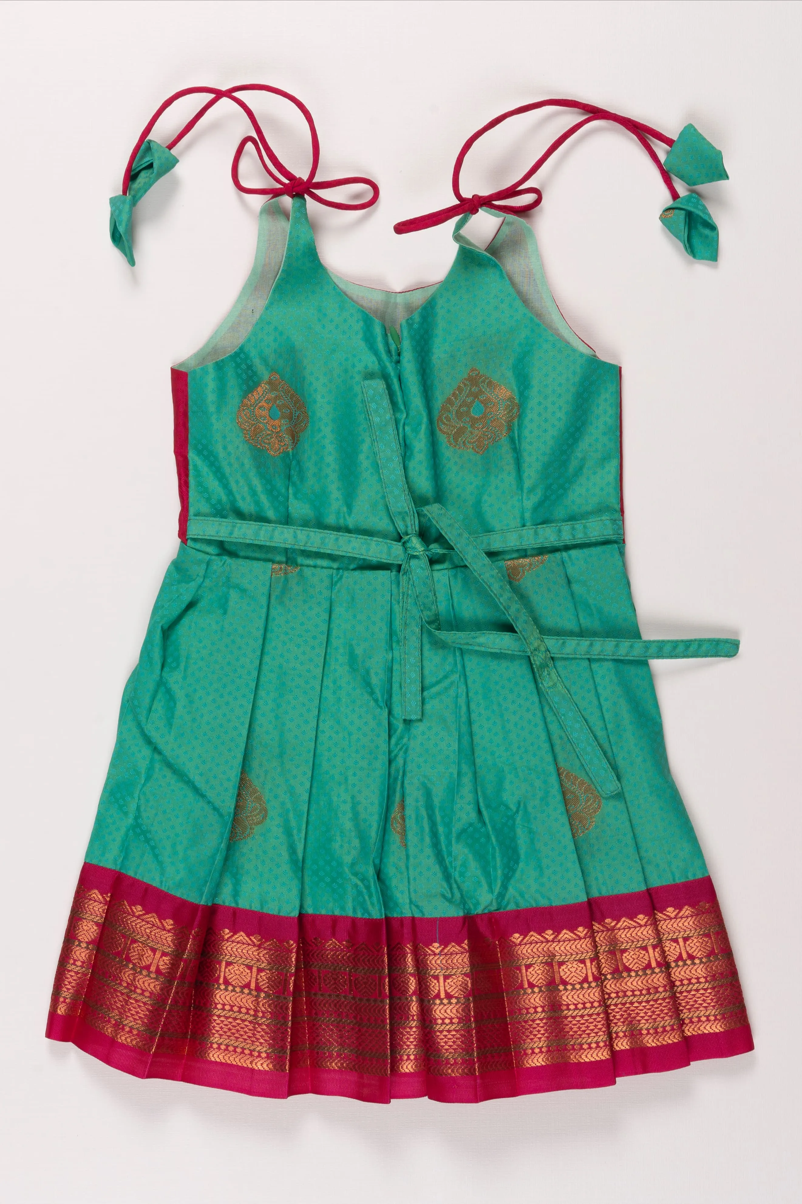 Beige and Green Silk Tie-up Frock for Girls