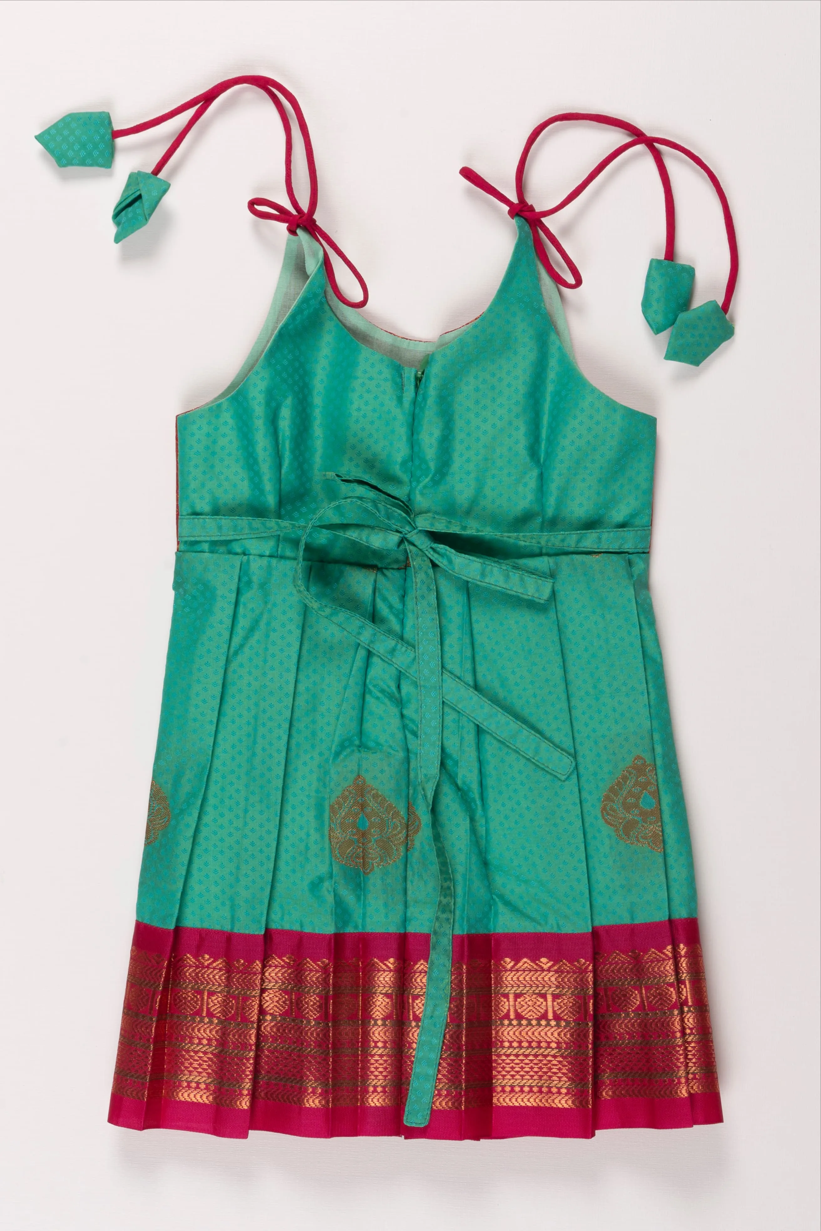 Beige and Green Silk Tie-up Frock for Girls