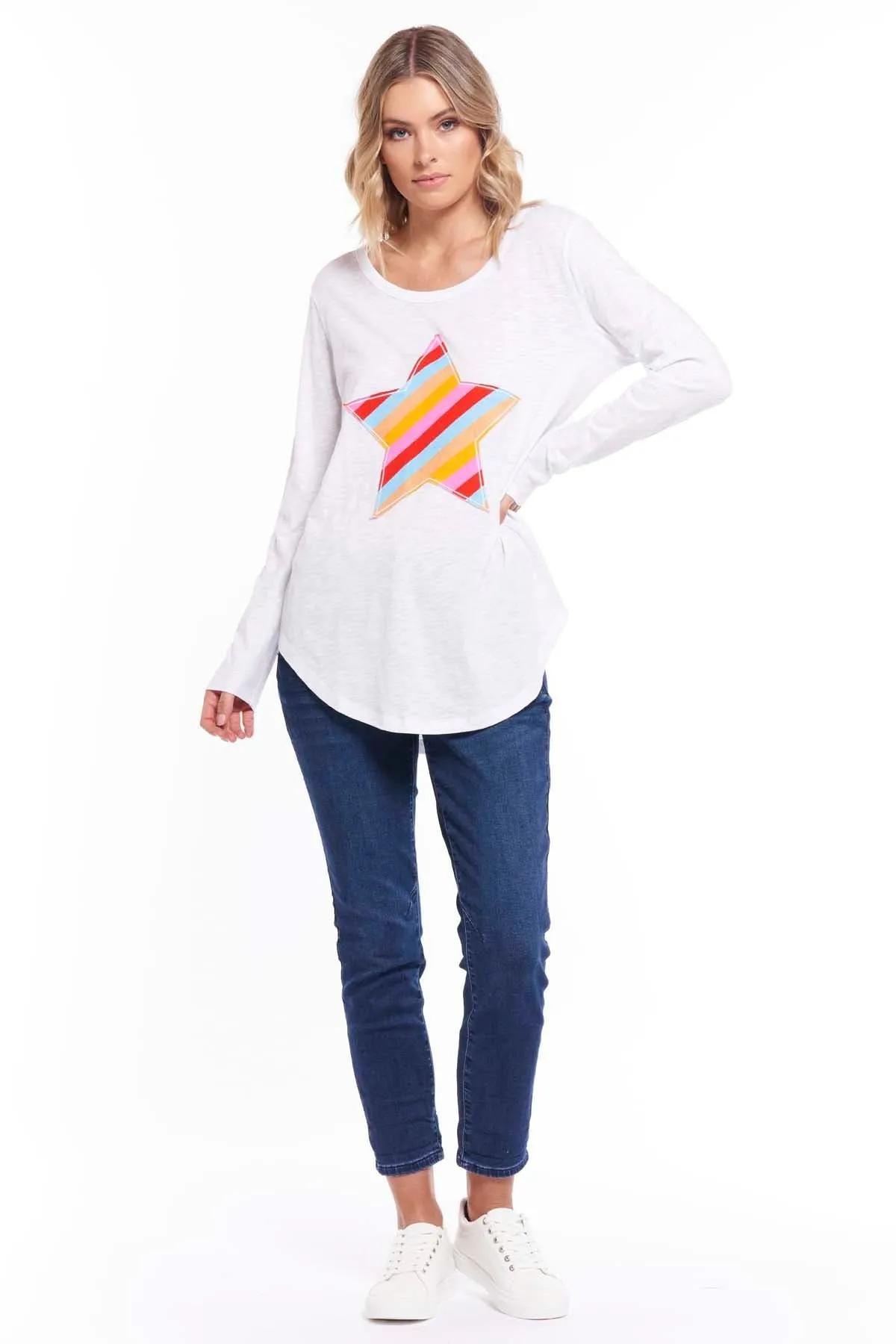 Betty Basics Megan Top in White with Rainbow Star