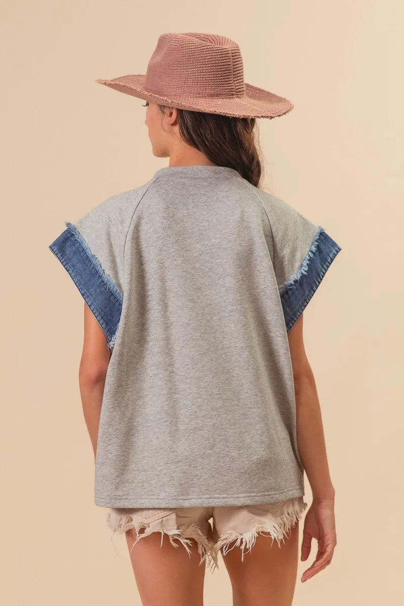 Bibi Star French Terry With Denim Frayed Edge Top