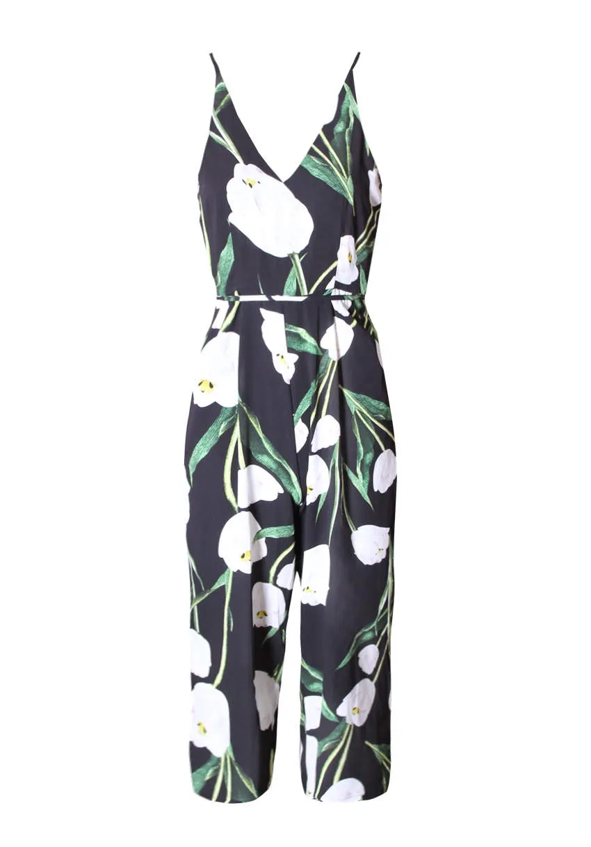 Black Floral Tie-Waist Jumpsuit