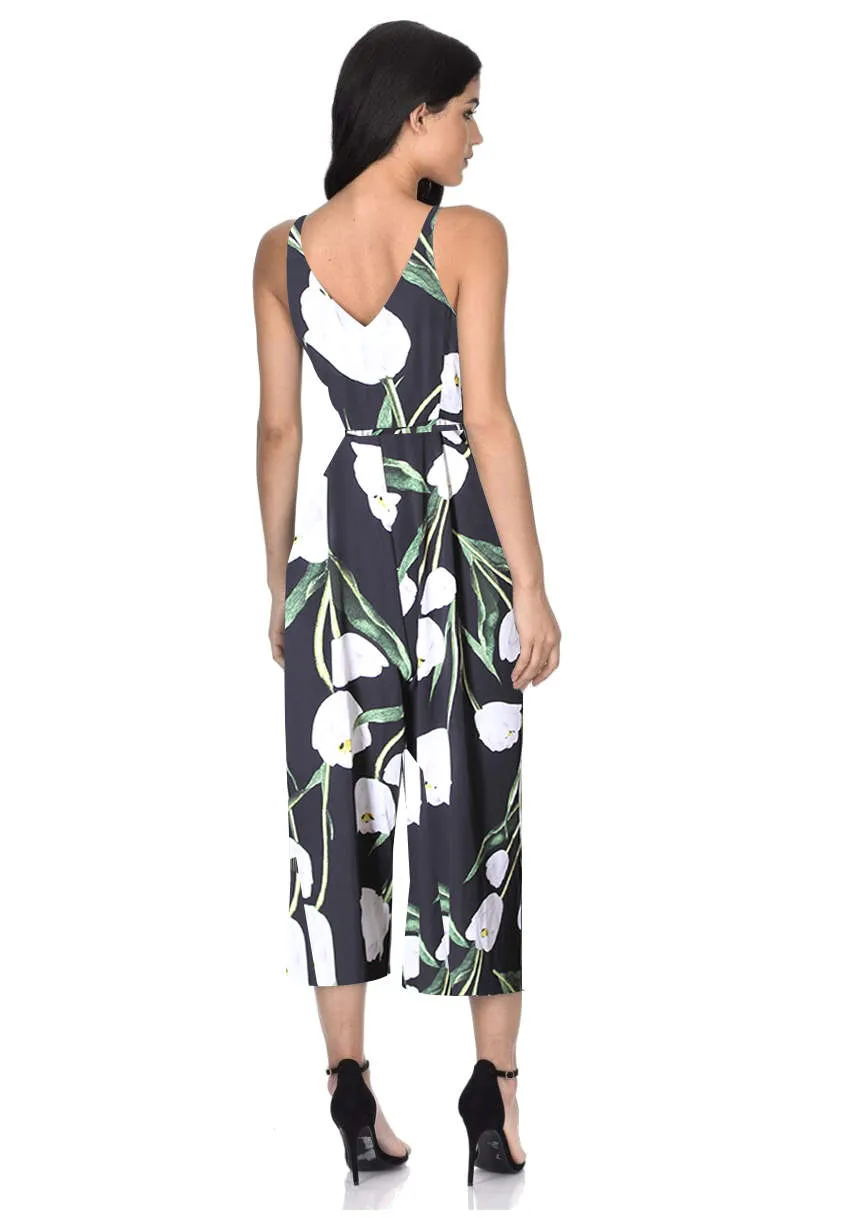 Black Floral Tie-Waist Jumpsuit